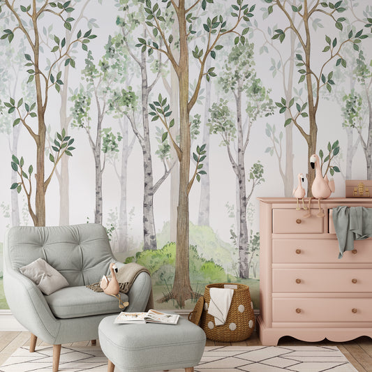 Enchanted Watercolor Forest - Tree Mural for Children's Spaces