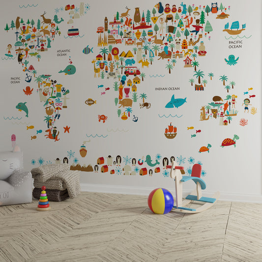 Whimsical World Map with Cultural and Natural Wonders