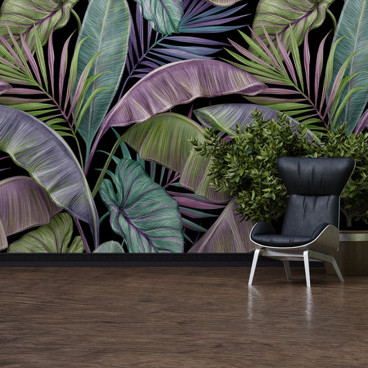 Vibrant Jungle Foliage Mural - Black