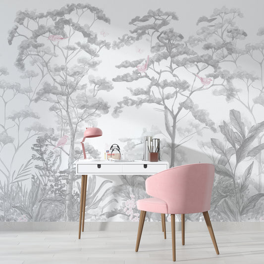 Blush Botanical Forest Mural - Soft Pink and Gray Nature Design