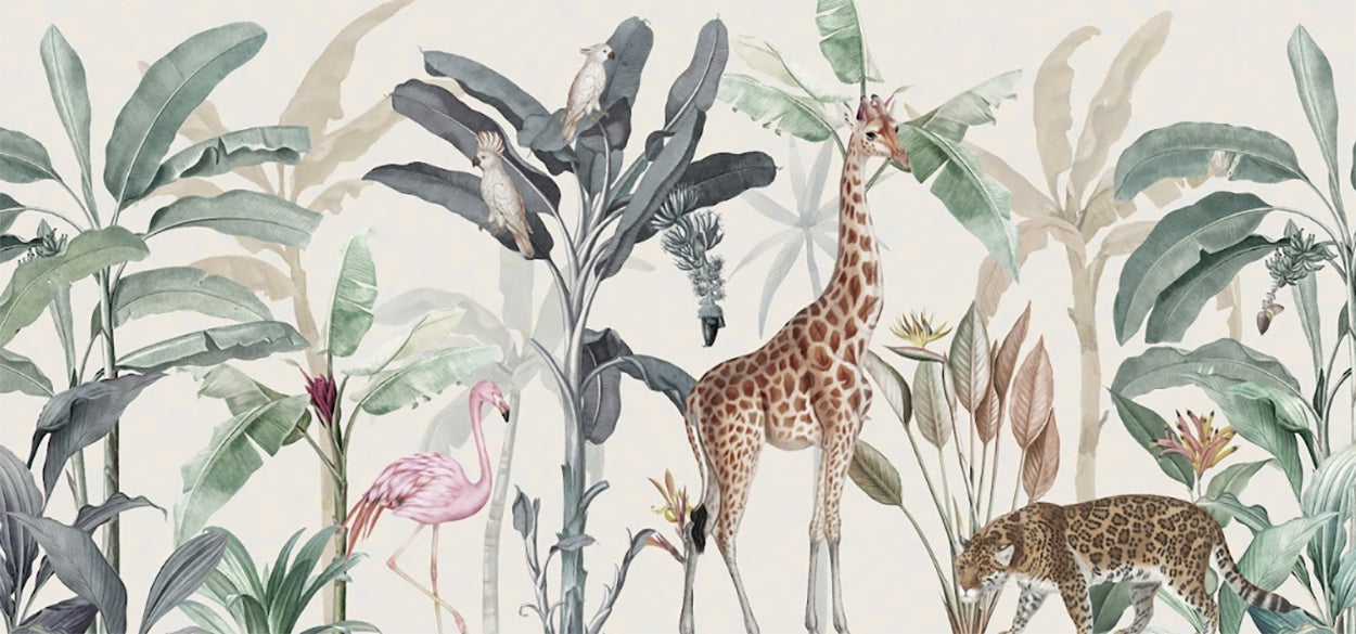 African Safari Dreams: Retro Children's Mural with Jungle Animals in Soft Pastels