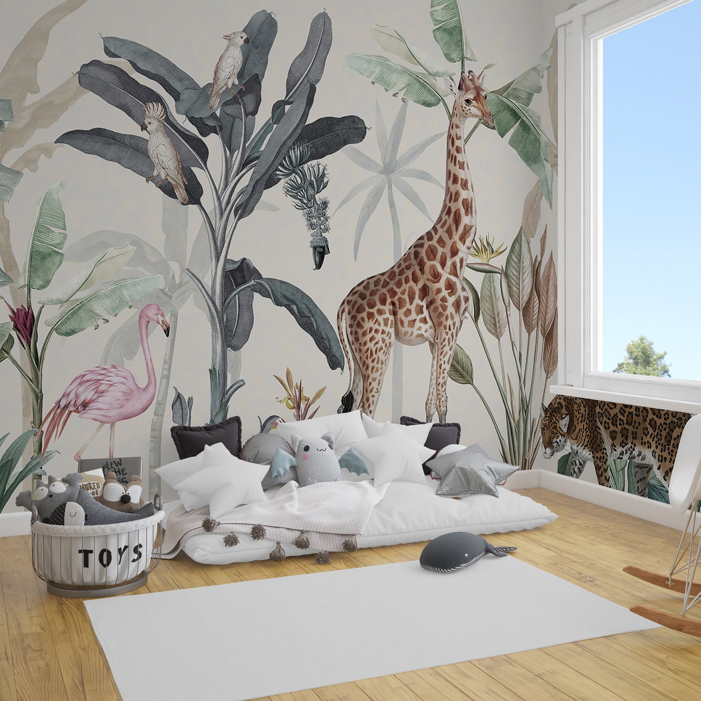 African Safari Dreams: Retro Children's Mural with Jungle Animals in Soft Pastels