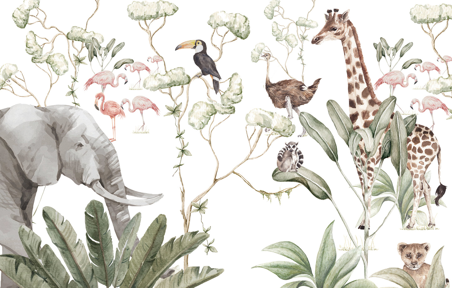 Mural en Acuarela para Niños con Animales de la Selva