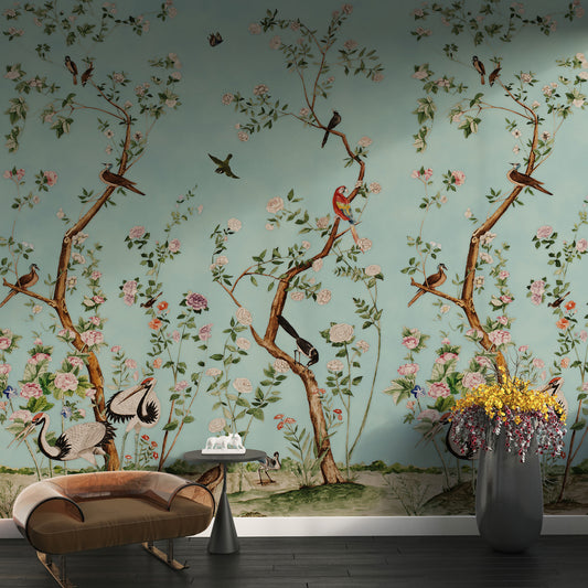 Chinoiserie Elegance: Vintage-Inspired Wallpaper with Trees, Flowers, and Birds on Light Blue