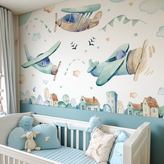 Watercolor Airplanes Kids Wallpaper Mural