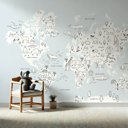 Charming World Map with Simple Animal Line Drawings