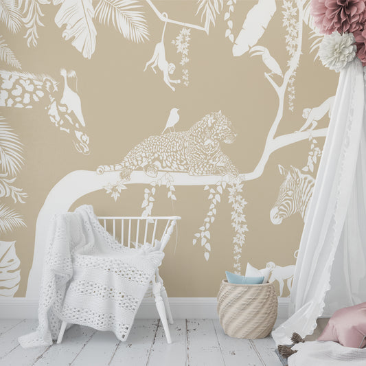 Artistic Jungle Animals Mural in Beige and White Tones for Kids' Decoration