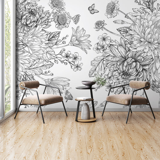 Floral Black and White Line Art Mural - Elegant Nature Design