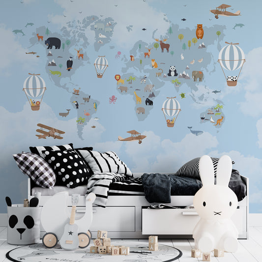 Charming World Map with Hot Air Balloons
