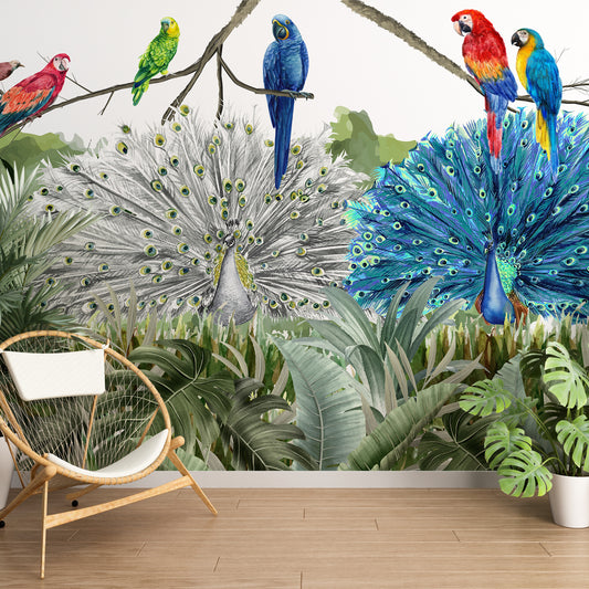 Watercolor Tropical Birds Mural - Parrots and Peacock Feathers