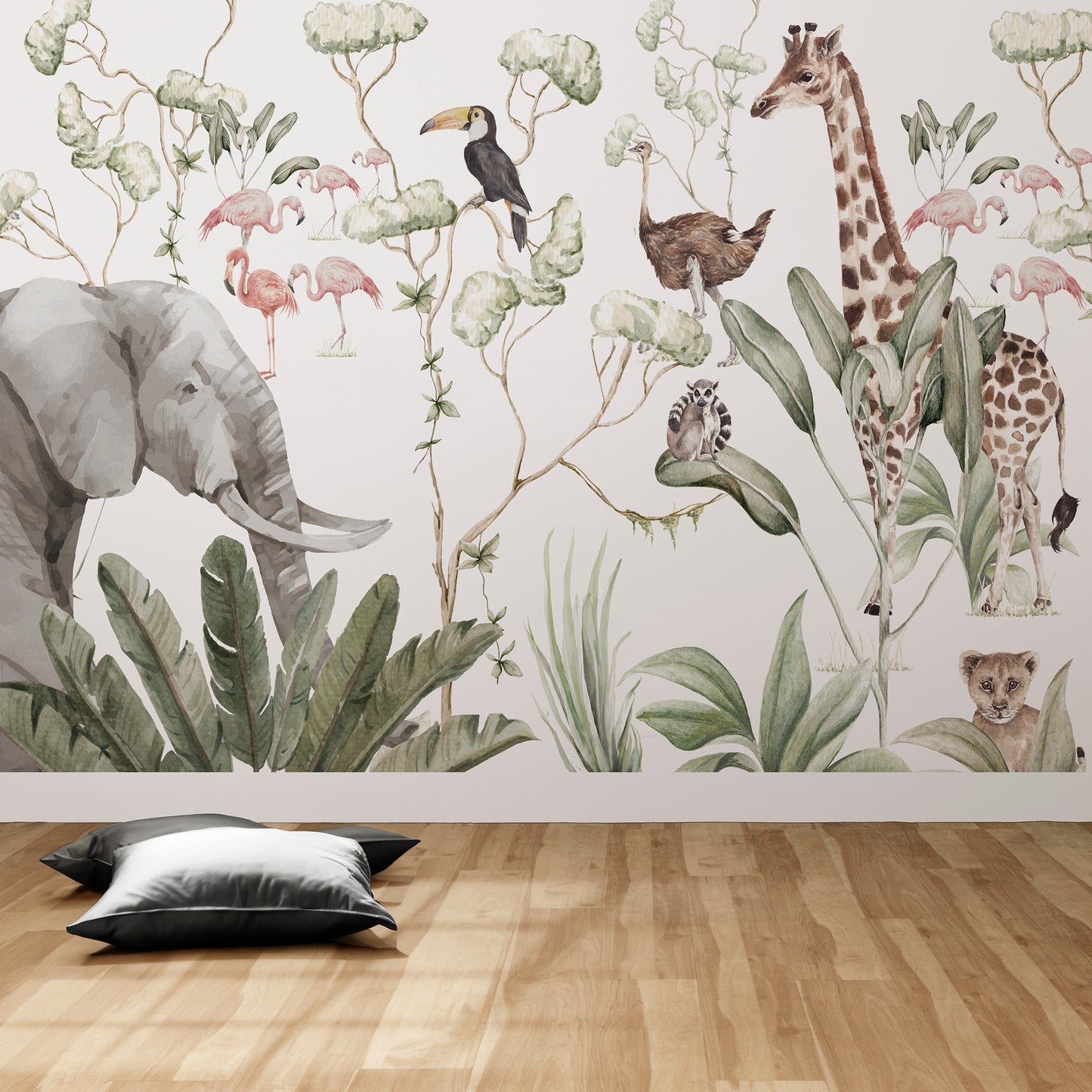 Mural en Acuarela para Niños con Animales de la Selva