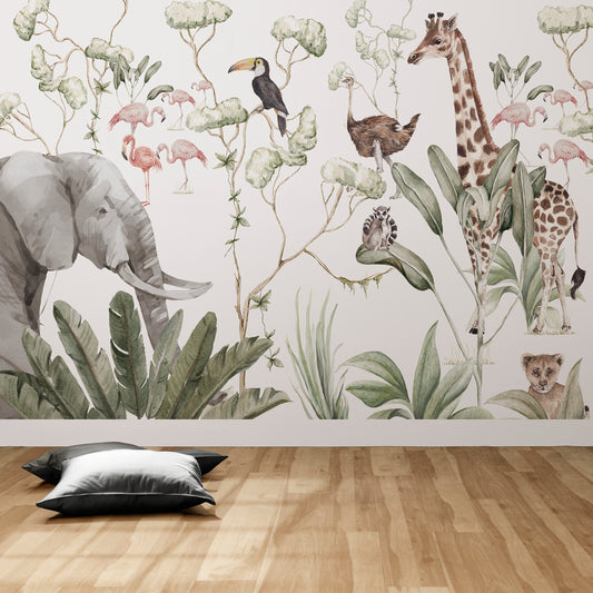 Mural en Acuarela para Niños con Animales de la Selva