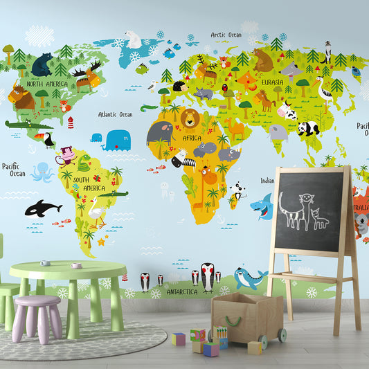 Cartoon World Map with Friendly Characters