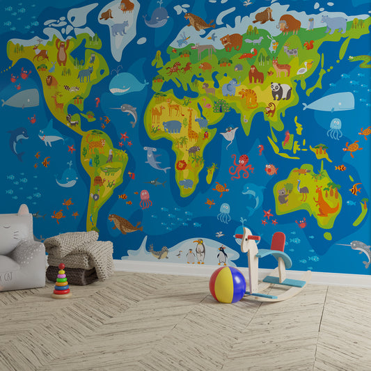 Colorful Animal World Map with Ocean Life