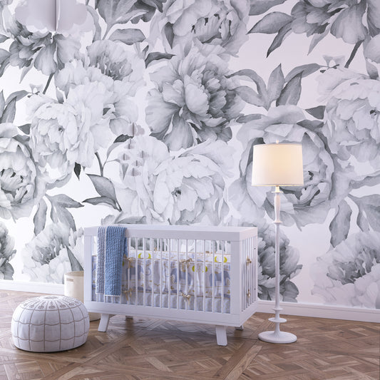 Elegant Black and White Floral Mural