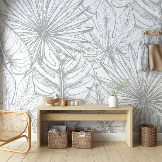 Monochrome Botanical Leaf Sketch Mural