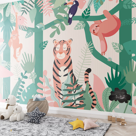Tropical Jungle with Animals in Soft Color Palette
