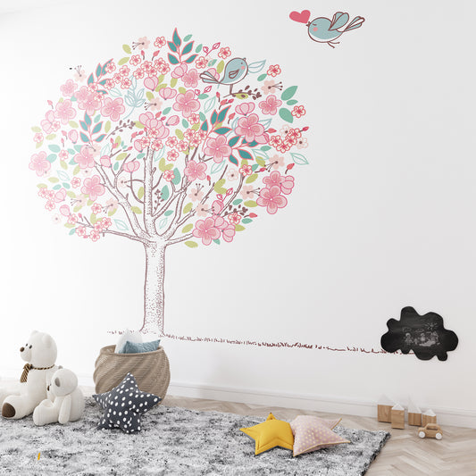 Flourishing Tree with Birds in a Naive and Romantic Style