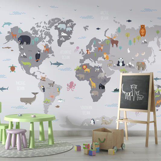 Minimalist World Map with Animal Icons