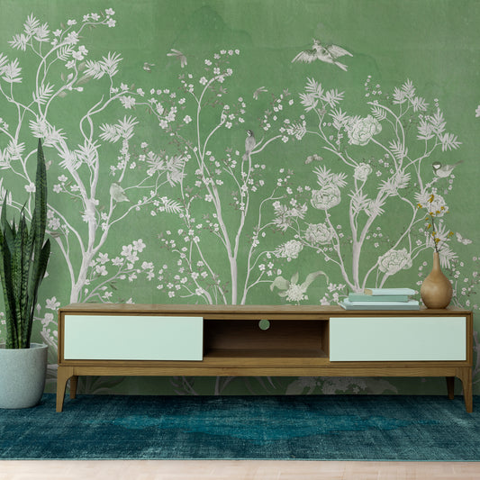 Chinoiserie Green Garden - Elegant Wall Mural