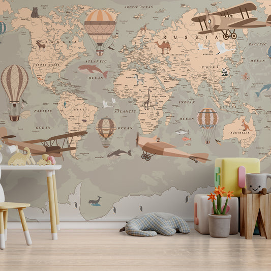 Classic Vintage World Map with Hot Air Balloons Wallpaper