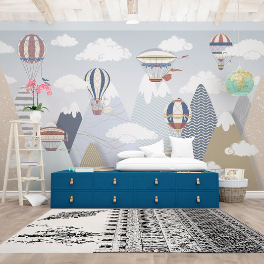 Whimsical Textured Hot Air Balloons and Mountains