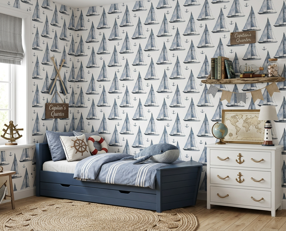Watercolor Sailboats & Anchors Mural