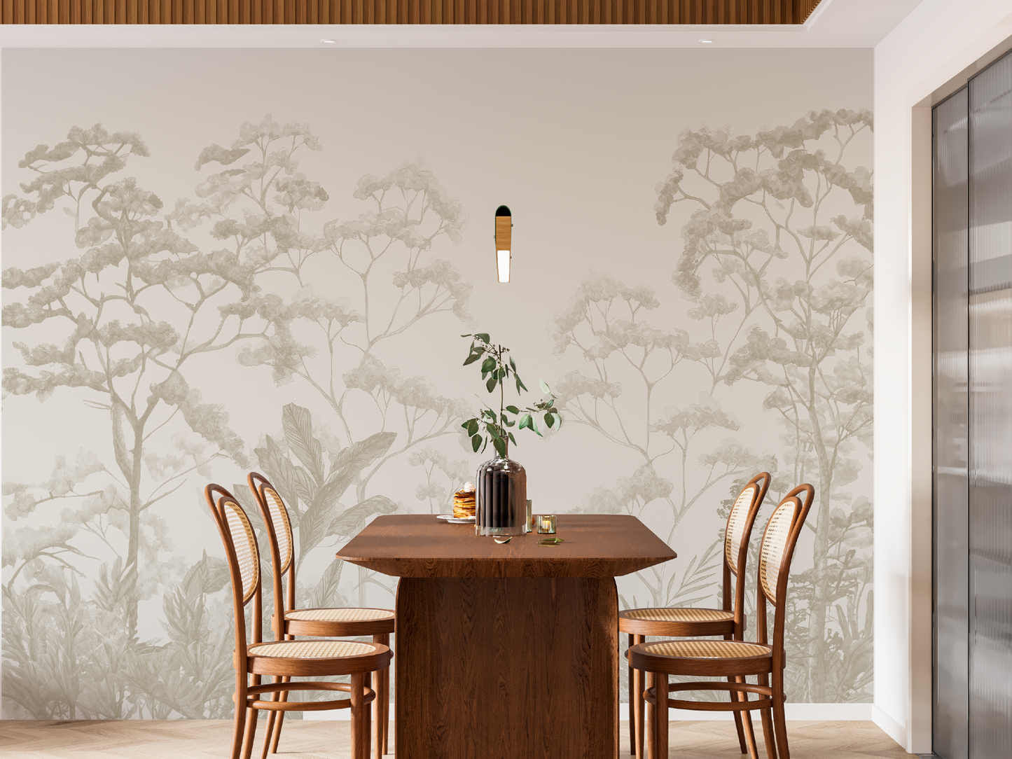 Serene Botanical Landscape Mural - Neutral Tone Forest Wall Art