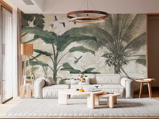 Tropical Jungle Paradise Wall Mural - Vintage Botanical & Birds Wallpaper