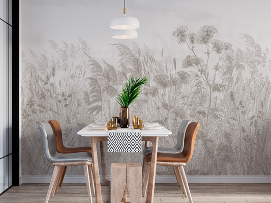 Wild Grasses Meadow Botanical Mural - Sepia Tone Nature Wall Art