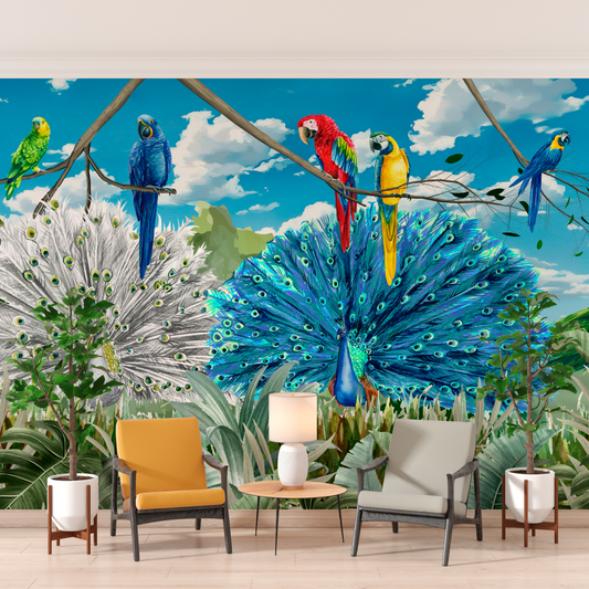 Vibrant Peacock & Parrot Paradise Mural