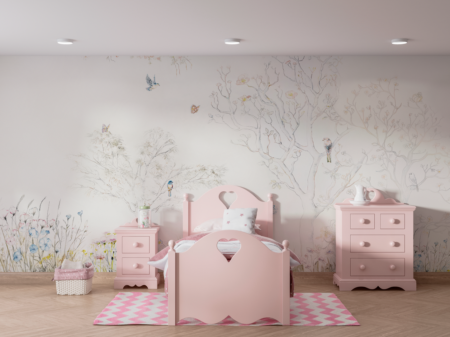 Enchanted Forest Watercolor Mural - Delicate Birds & Blooming Trees