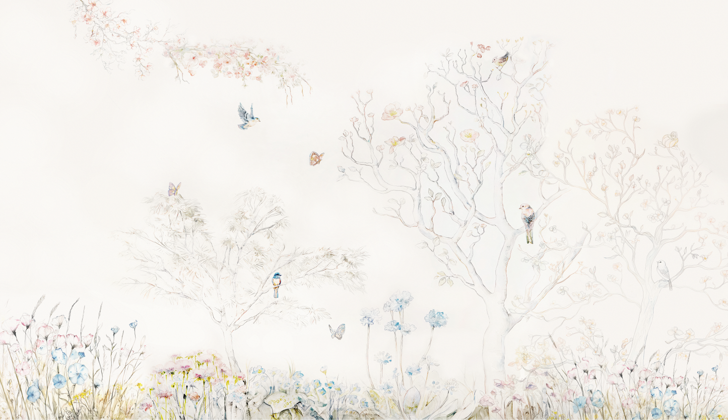 Enchanted Forest Watercolor Mural - Delicate Birds & Blooming Trees