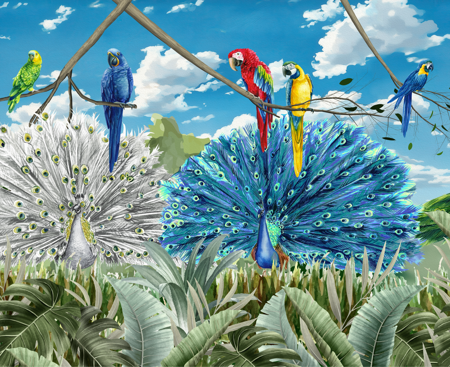 Vibrant Peacock & Parrot Paradise Mural