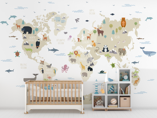 Educational World Map Animals Mural