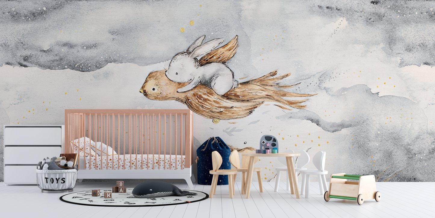 Dreamy Flying Bunny & Bird Mural