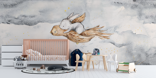 Dreamy Flying Bunny & Bird Mural