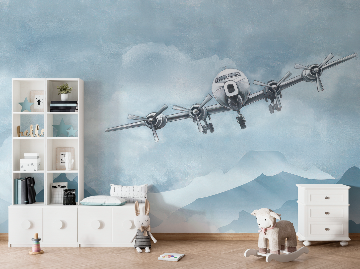 Vintage Airplane Sky Nursery Mural