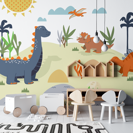 Playful Cartoon Dinosaur Landscape Mural