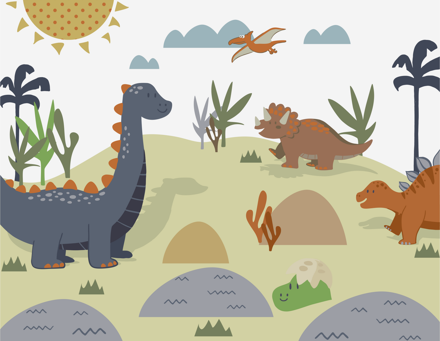 Playful Cartoon Dinosaur Landscape Mural