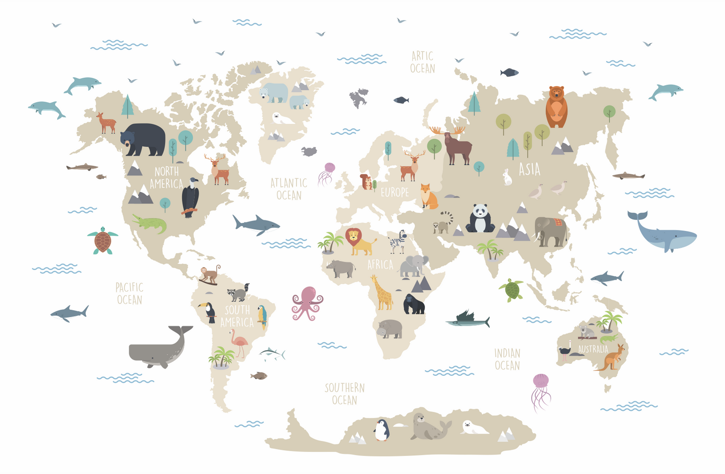 Educational World Map Animals Mural