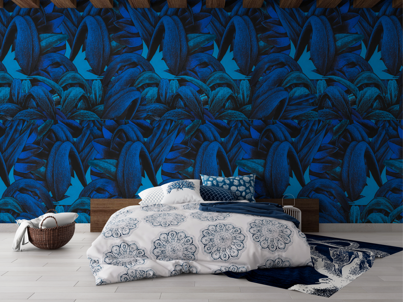 Bold Blue Tropical Leaf Mural