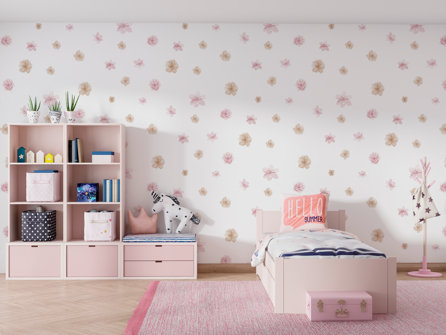 Scattered Pink & Beige Floral Mural