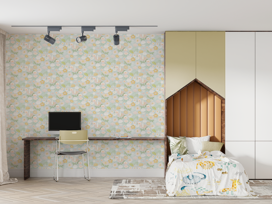 Whimsical Pastel Floral & Rabbit Mural