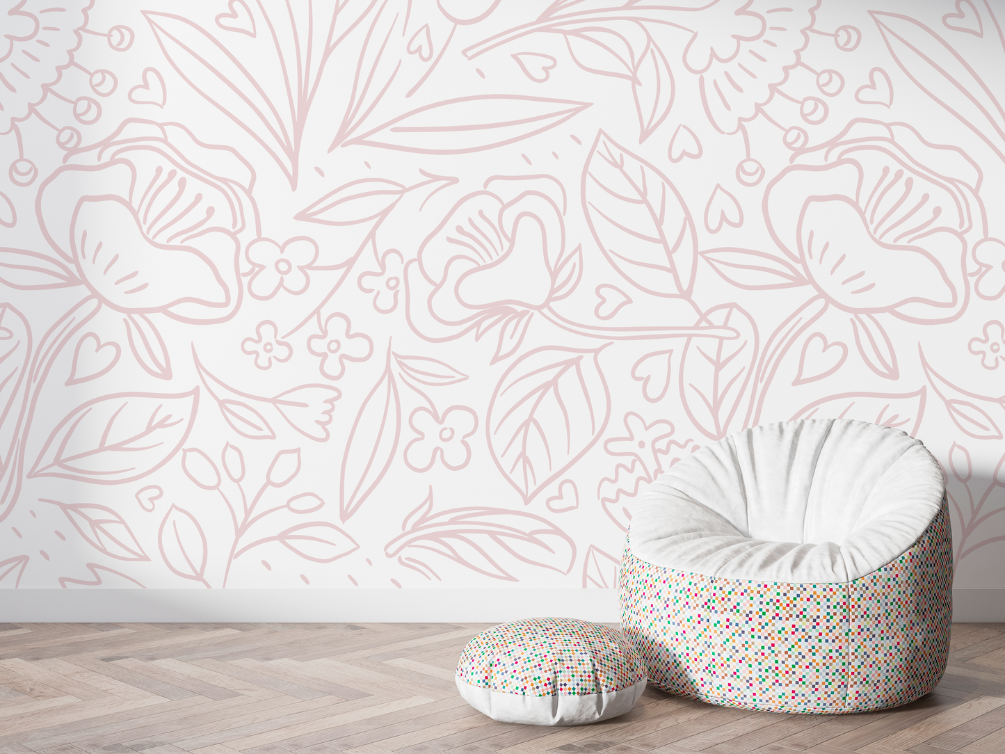 Playful Pink Floral Outline Mural