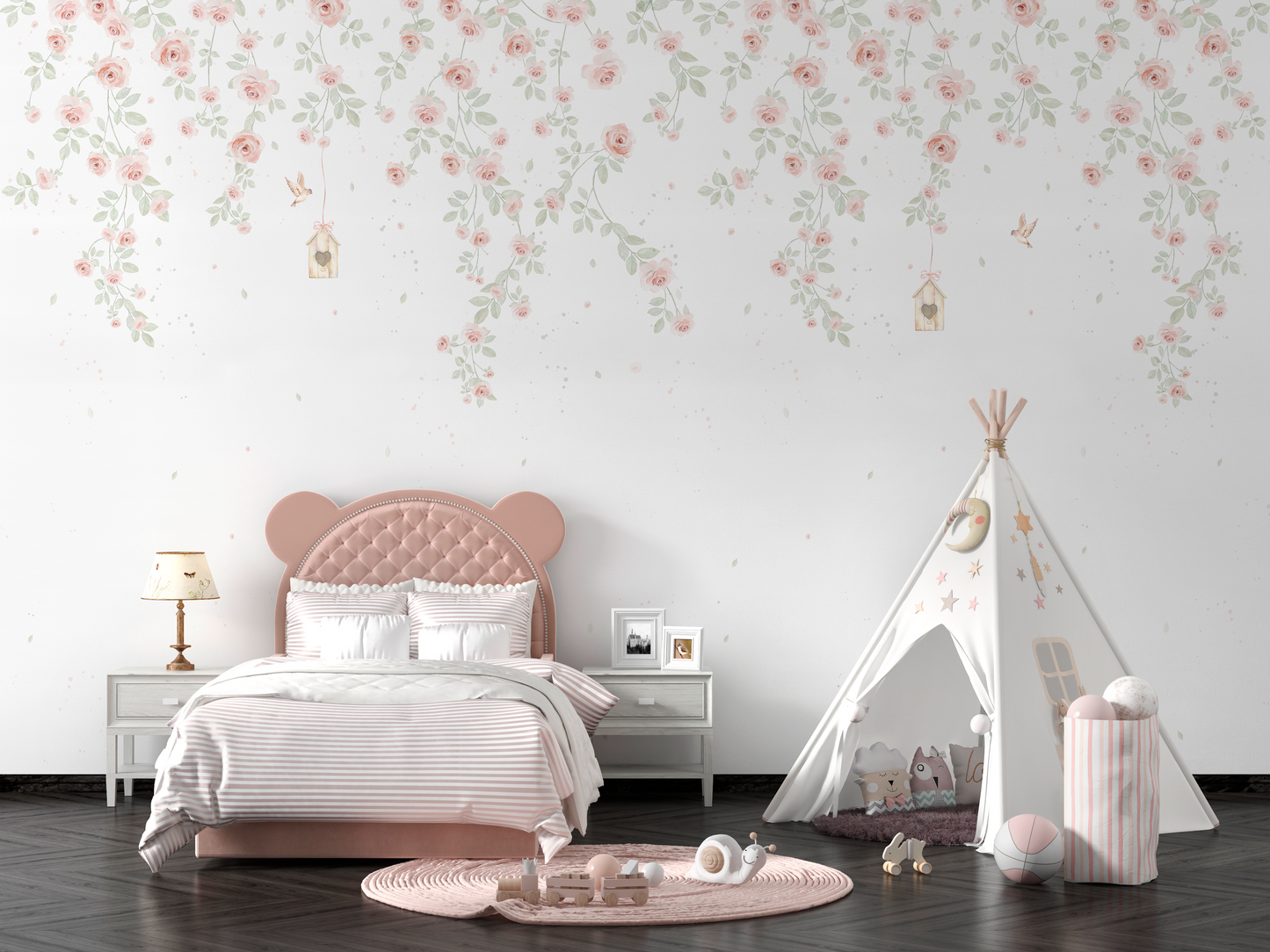 Romantic Hanging Roses & Birdhouses Mural
