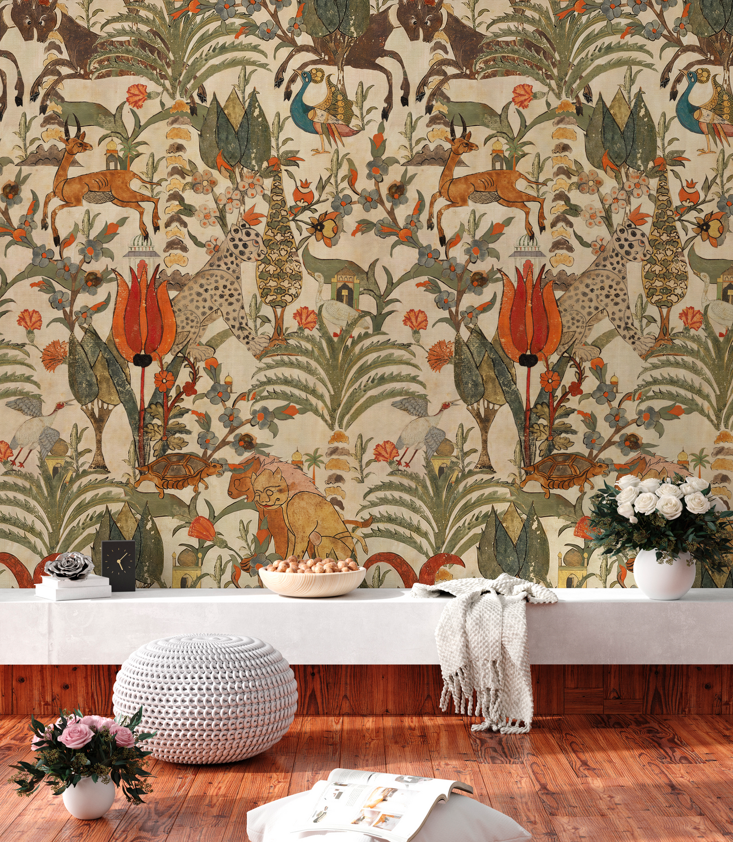 Vintage Persian Wildlife & Floral Tapestry Mural