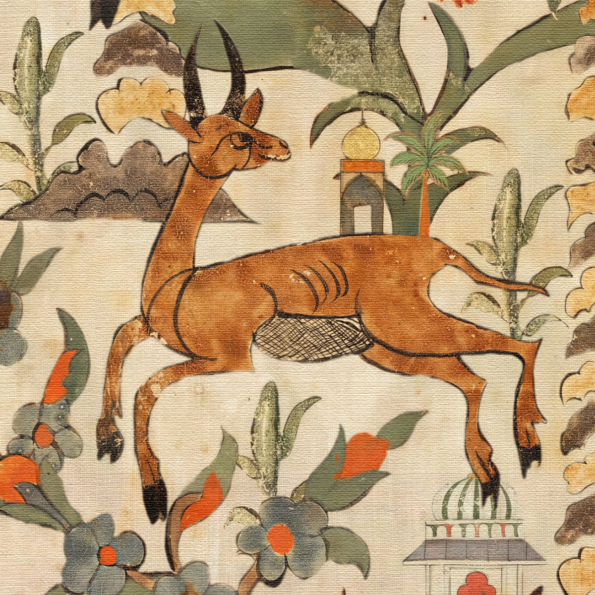 Vintage Persian Wildlife & Floral Tapestry Mural
