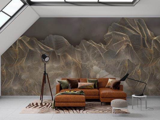 Dynamic Gold Wavy Lines Mountain Mural