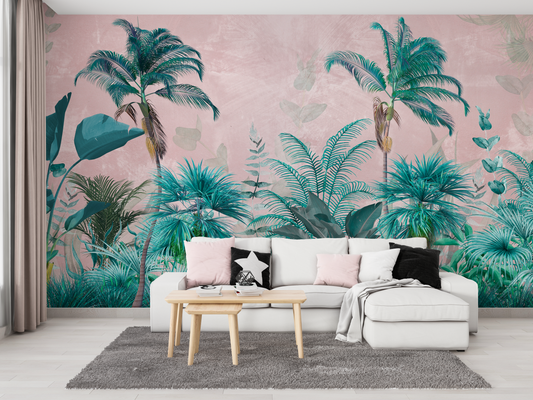 Tropical Palm Tree Mural Wallpaper - Teal and Blush Pink Background